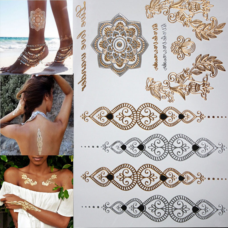 Free shopping new fashion flower body and I temporary henna tattoos metallic gold and silver bracelet