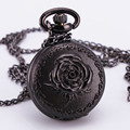 Luxury Retro Antique Baroque Rose Pattern Pocket Watch Quartz Pendant Clock With Long Chain Necklace Black