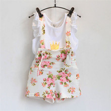 Lovely Girls Sets Crown Flower Summer children’s wear cotton casual T-Shirt+Bib short 2 Pcs Flying Sleeve Clothing Sets Kids
