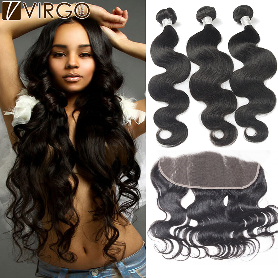 Image of 13x4 Lace Frontal Closure With Bundles Indian Virgin Hair Body Wave 3/4 Bundles With Closure Virgin Human Hair With Lace Frontal