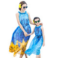 Bohemian Blue Mother Daughter Matching Dresses Family Clothes Girls And Mom Dress Sleeveless Long Style Beach
