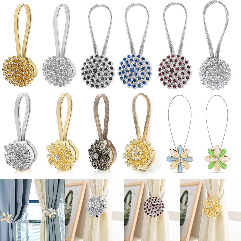 Sparkling Crystal Flower Curtain Tieback Stretchy Curtain Buckle Clips Curtain FlyCloud 2 Pack Magnetic Curtain Tiebacks Decorative Weave Rope Holdback Holder for Home Office Decorative