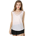 Women Chiffon Sleeveless Shirt V neck Net Yarn Splicing Vest Solid Color Loose Bottoming Shirt for