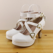 2016 brand Spring Women Soft PU Shoes lolita Bow High Heels 8cm sweet zapatos lolita Ladies Ankle Strap Butterfly Shoe White