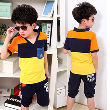 New 2015 Summer Style Boys Clothing Sets Yellow Toddler Kids Children Teenage Big Boys Sports Clothing Set t shirts+Pant 9 Years