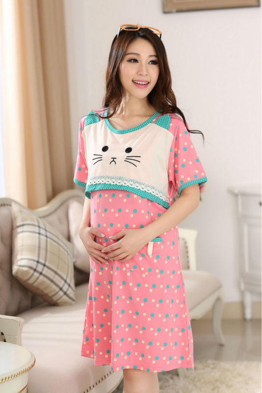 Plus size Kawaii Kitty Pink dots loose pregnant women maternity clothing for breast feeding homecoming dress lactating gowns 8 (2)