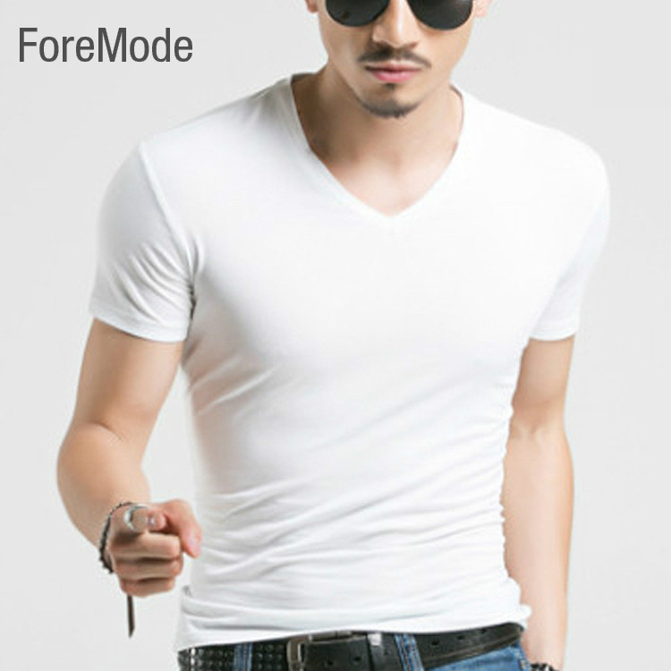 Foremode 2015 summer new men's short sleeved cotton T-shirt male pure black casual fashion slim V co