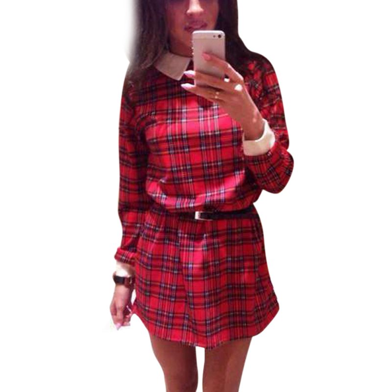 New Arrival Women Long Sleeve Casual font b Tartan b font Shift Mini Dress Check Shirt