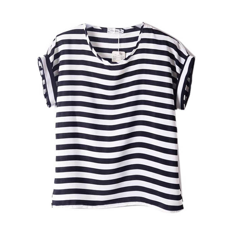 Image of Women Chiffon T Shirts Tops Loose Short Sleeve Ladies T-shirts Striped Heart Lip Tops HOT 15 Colors