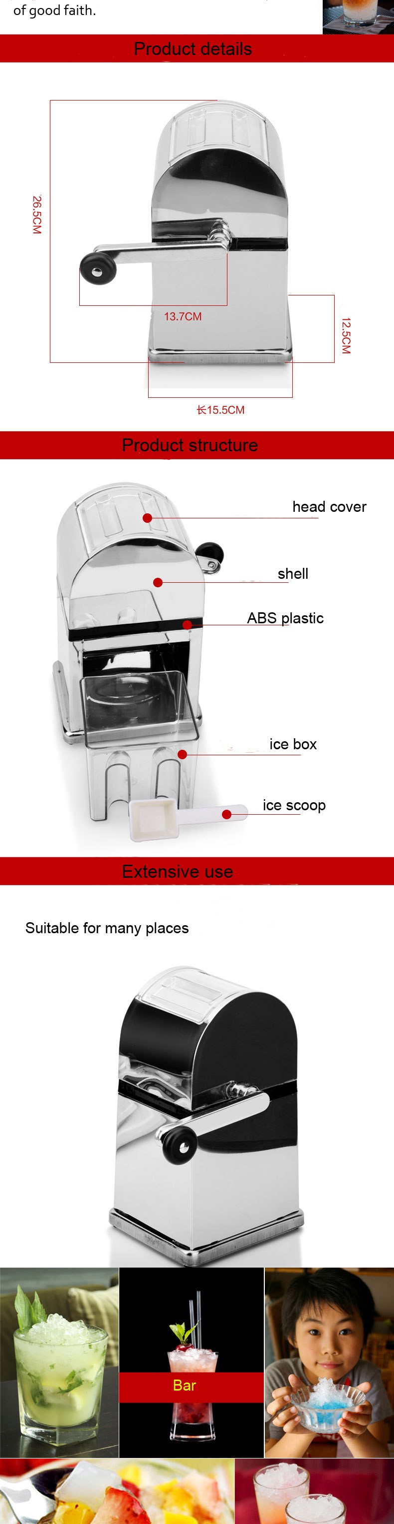 Description Picture 3 of itemStainless Steel Ice Crusher Mini Ice shavers Chopper Manual Snow Cone Smoothie Maker Ice Block Breaking Machine slush machine