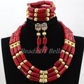 Natural Real Coral Beads Set 2016 Latest Nigerian African Wedding Beads Necklace Jewelry Set Gold Plated