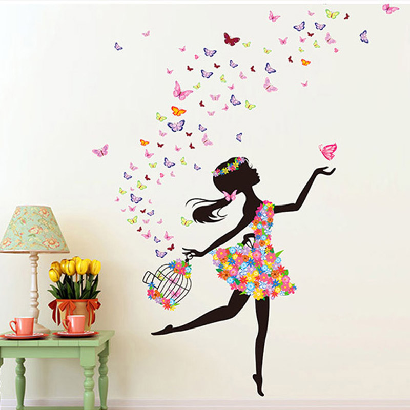 Image of Fashion Modern DIY Decorative Mural PVC Girl Butterfly Bedroom Room Wall Sticker For Home Decor Removable Decal Wwallpaper