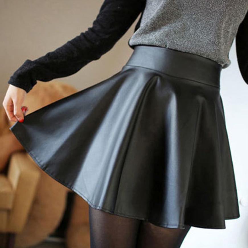 Hot Marketing Fashion Women Faux Leather High Waist Skater Flared Pleated Short Mini Skirt Jul14