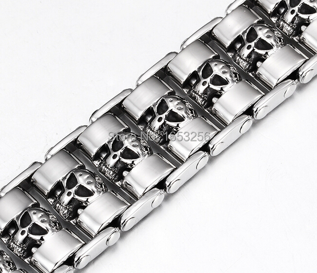 Stainless Steel Fashion Wide Skull Bracelet, 8.3 X 0.9 In