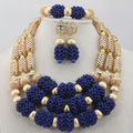 2016 African Wedding Gold Silver Mix Royal Blue 3 rows Coral Beads Jewelry Sets Necklace African