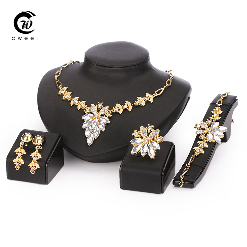 Image of African Jewelry Set 18k Gold Plated Filled White Sapphire Clear Austrian Crystal Women Wedding Necklace Bracelet Earring Ring