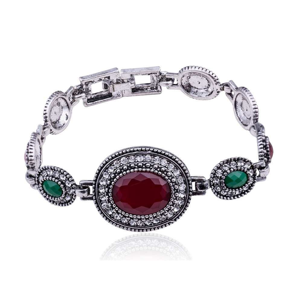 Women Antique Silver/Gold Vintage Ruby Bracelets Red Agate Resin Crystal Tibetan Bangles Turkish Jewelry