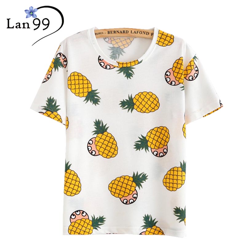2016 Summer Women T shirt Fruit Pineapple T-shirt O-neck Casual Womens Short Sleeve T shirt Tee Tops