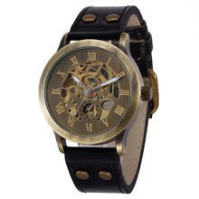 Vintage Bronze mens watches Retro Skeleton Steampunk Casual Watches Leather Sport Automatic Mechanical Watch reloj hombre