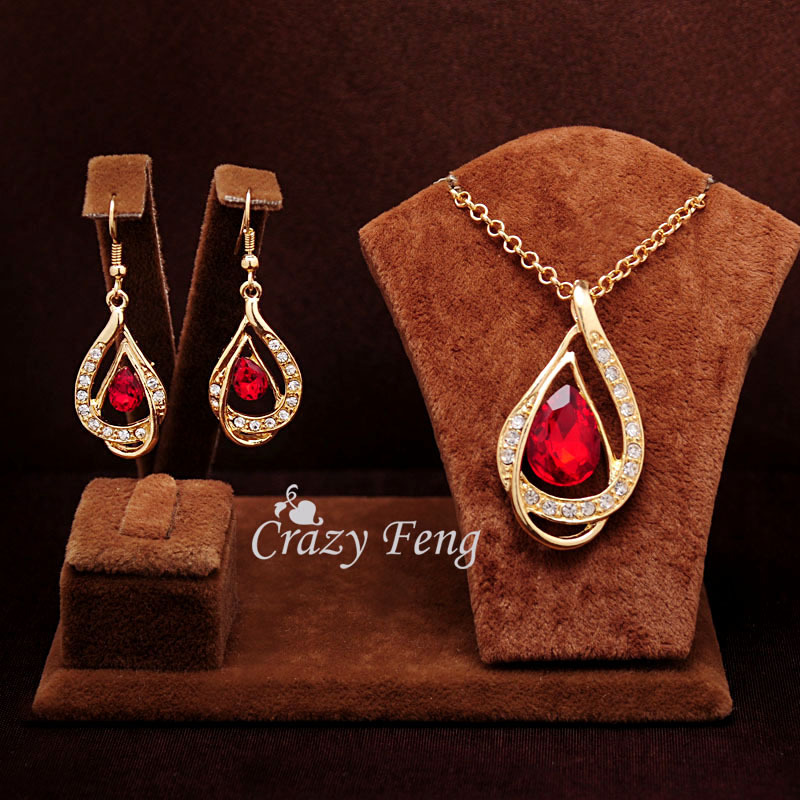 Image of Women New 18k Yellow Gold Plated Ruby/white/Blue Sapphire Austrian Crystal Chain Jewelry Sets Necklace + Earrings Free shipping