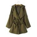 2016 Women Autumn Cotton Adjustable Belt Vintage Casual Solid Jacket Loose Long Sleeve Coat With Cap