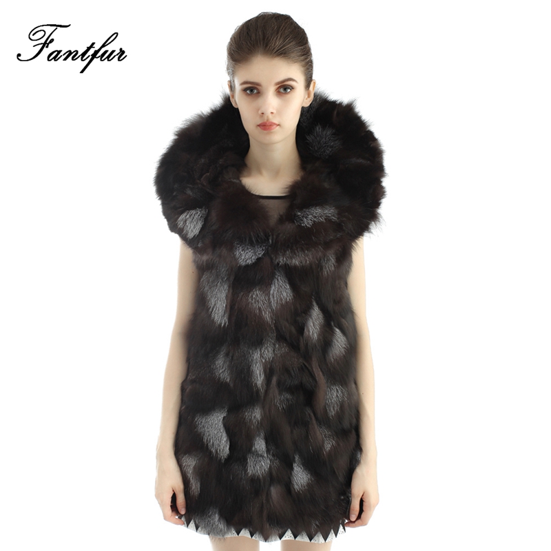 FANTFUR News Big Silver Fox Fur Collar Vest Genuine Turn Down Collar Black Gelit Waistcoat  Winter Warm Fashion Women Sleeveless
