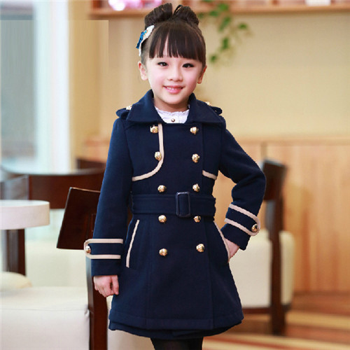 New2015 British Style Girls Winter Coat Sashes Kids Girls Clothes Button Fashino Slim Manteau Fille Enfant Long Thick Wool Coats (9)
