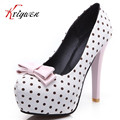 Big size3 11 summer Fashion Sweet Polka Dot Bow Girl Pumps Vintage thin High Heels Mixed