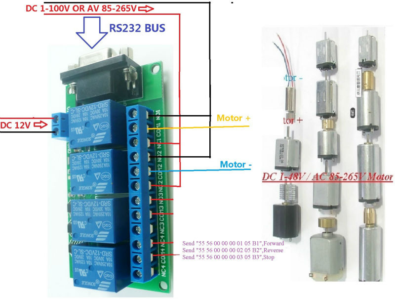12V 4Ch DB9 RS232 Relay Board SCM PC UART Remote Control Switch PLC Motor Car