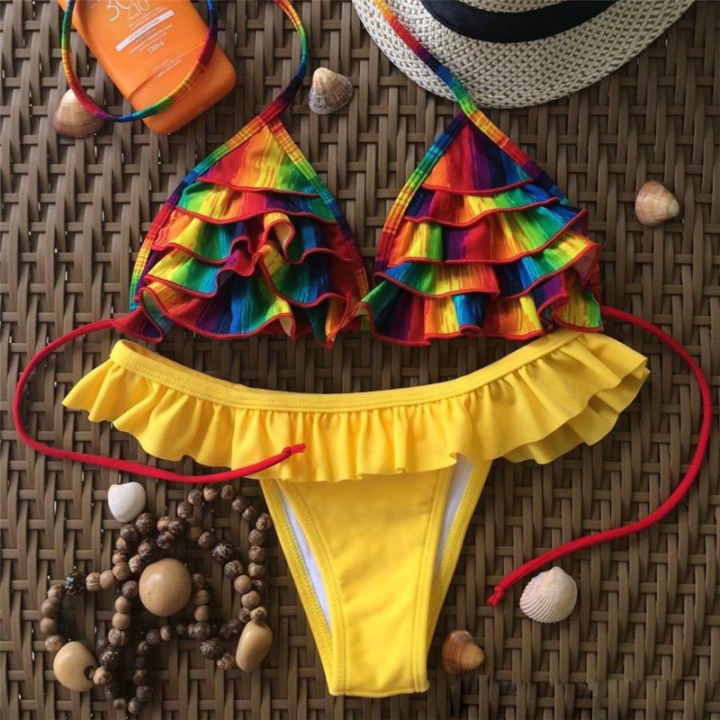 Image of 2016 Print Brazilian Retro Bikini Set Floral Halter String Wrapped Swimwear Thong Ruffle Swimsuits Sexy Bathing Suits Biquini