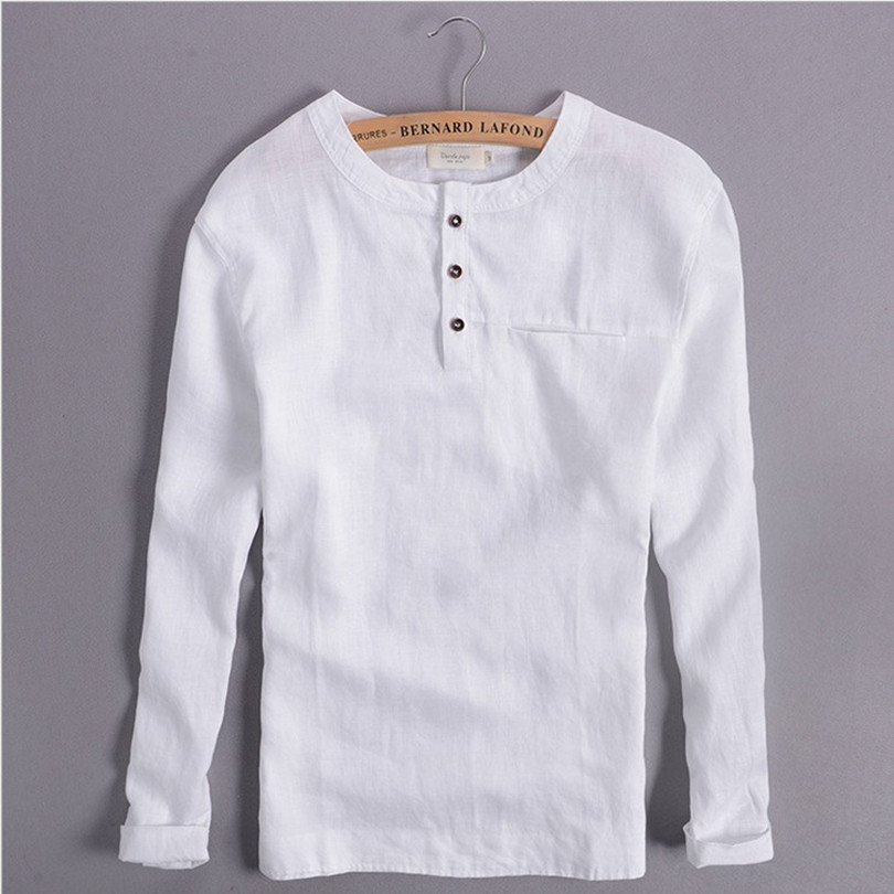 O neck long sleeves Pure natural linen shirt men pocket white linen pullover shirt men casual
