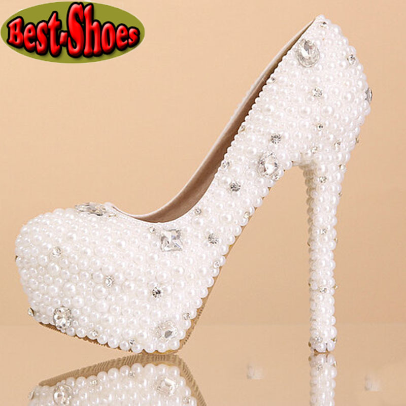 Women White plus size bride rhinestone shoes pearl wedding shoes bridesmaid wedding dinner high heels pumps women shoes woman