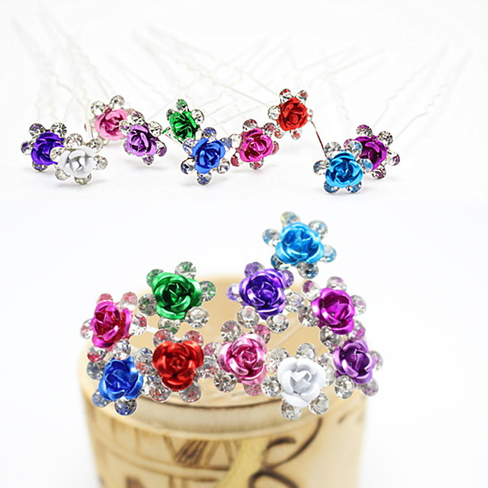 Image of 10pcs Rose shape Women Wedding Jewelry Hair Clips Pin Set Flower Rhinestone Crystal Hair Combs Accessories H-6