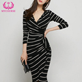 MYCOURSE Women Dress 2016 New Fashion Slim Sexy OL Stripe V neck Long Sleeve Buiness Elegant