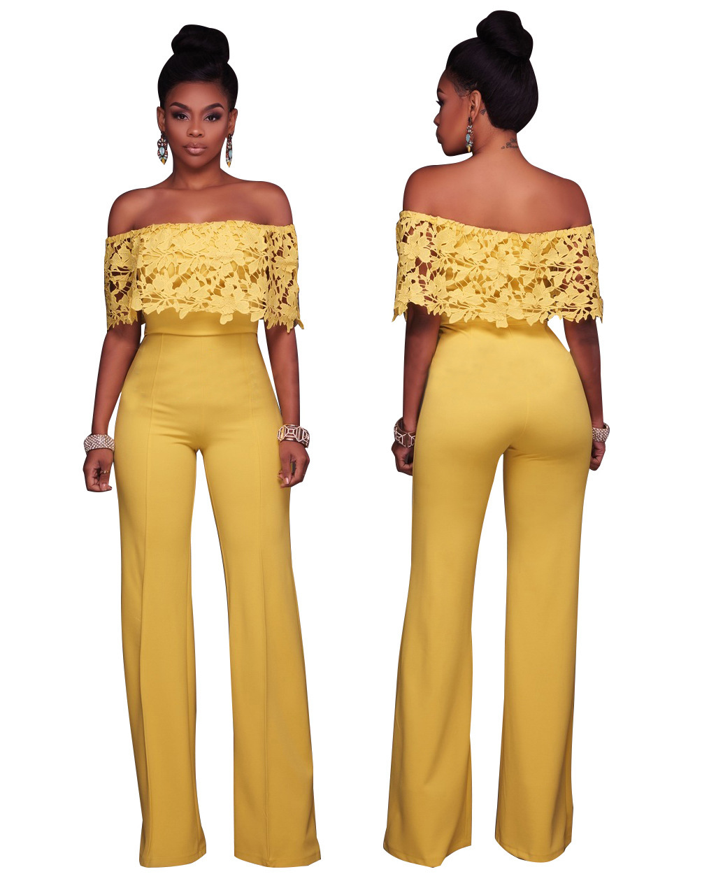 Yellow Jumpsuit Lace Playsuit Off Shoulder Summer Rompers Womens Jumpsuit Trousers Sexy Party 2633