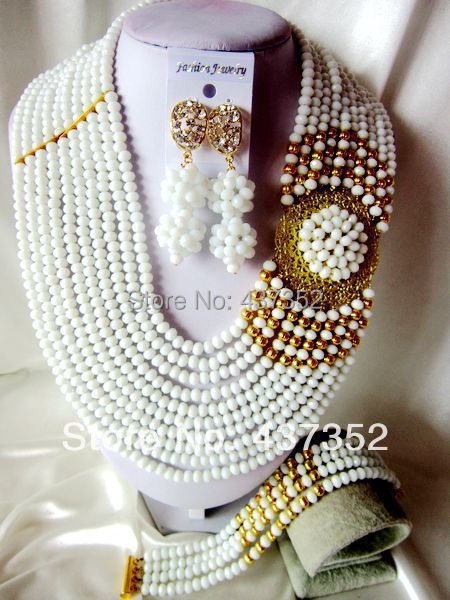 Fashion White African Wedding Beads Jewelry Set Nigerian Beads Crystal Necklaces Bracelet Earrings CPS-1955