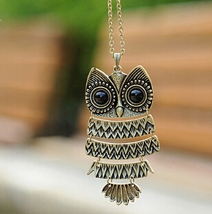 x293 1pcs Free Shipping Jewelry Ancient Bronze Owl pendant Necklace gem Ancient the Owl Sweater Chain