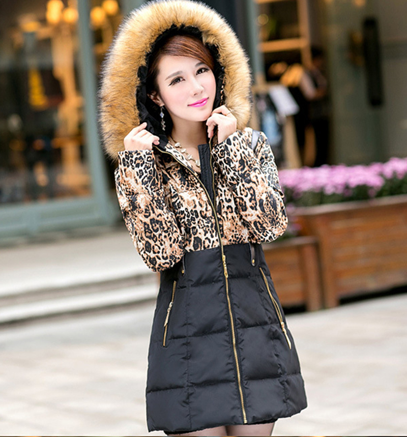Plus Size Women Hooded Long Slim Cotton-padded Winter Coat Leopard Warm Jacket Zipper Female Outerwear 2015 New L-3XL ZP795