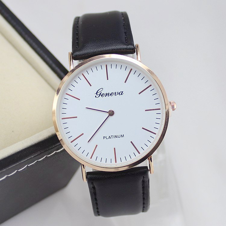 2015 New Arrival Men Watch High end Geneva Genuine Leather Casual Watch Super Thin Platinum Analog