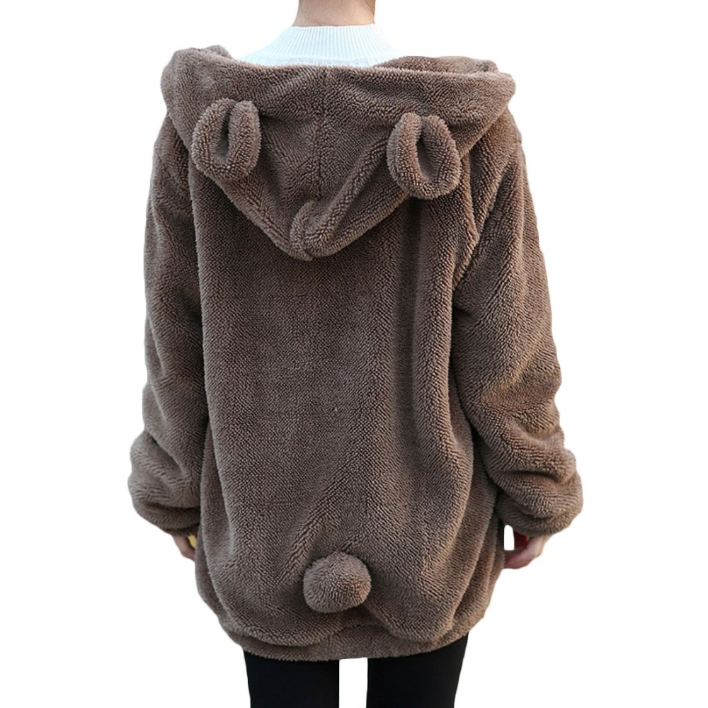 Image of Women gardigan hoodies Girl Winter Loose Fluffy Bear Ear Hoodie Hooded Jacket Warm Outerwear Coat cute sweatshirt H1301