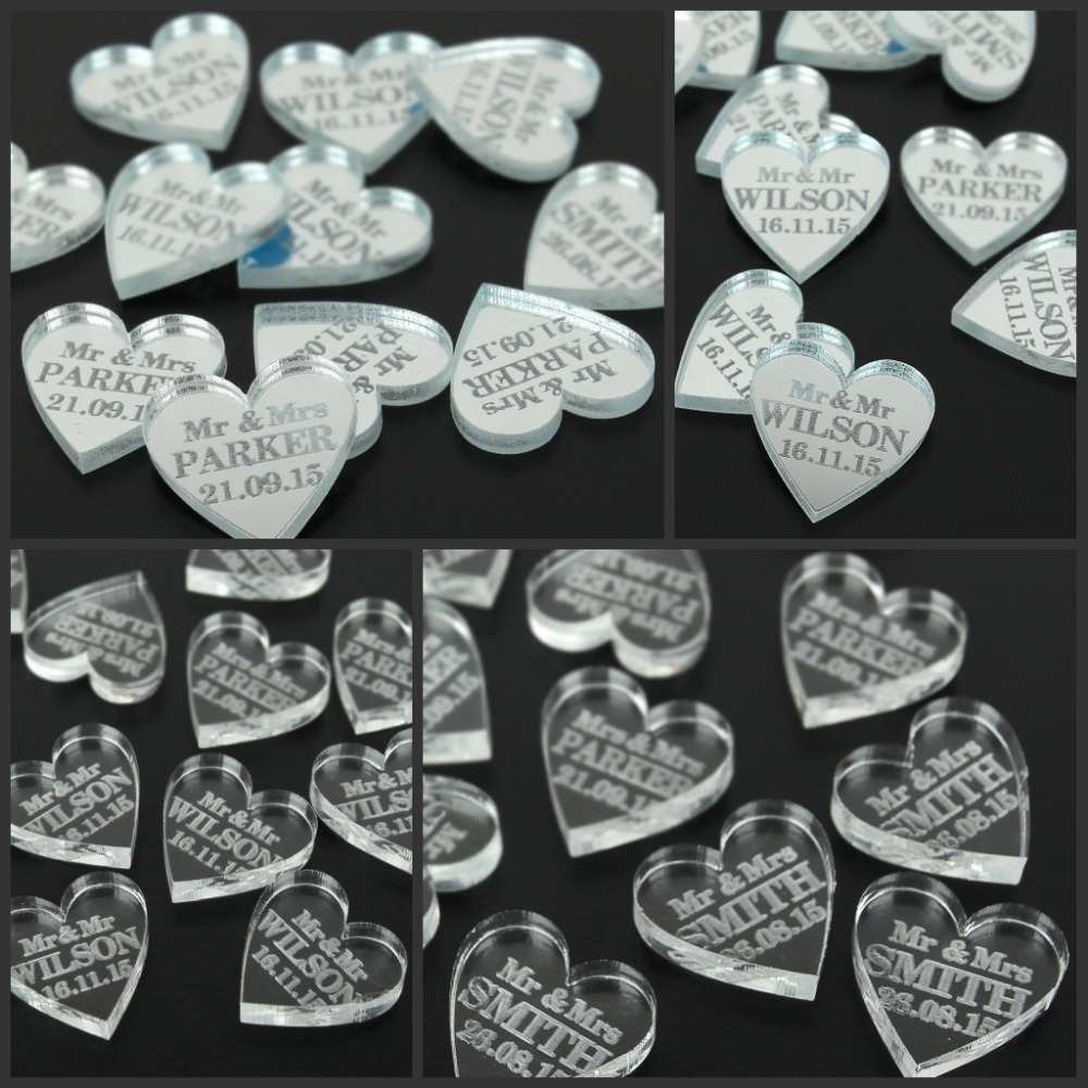 Image of 100 pcs Personalized Engraved Mirror / Transparent MR & MRS Surname Love Heart Wedding Table Decor Favors Customized 2 Cm * 2 Cm