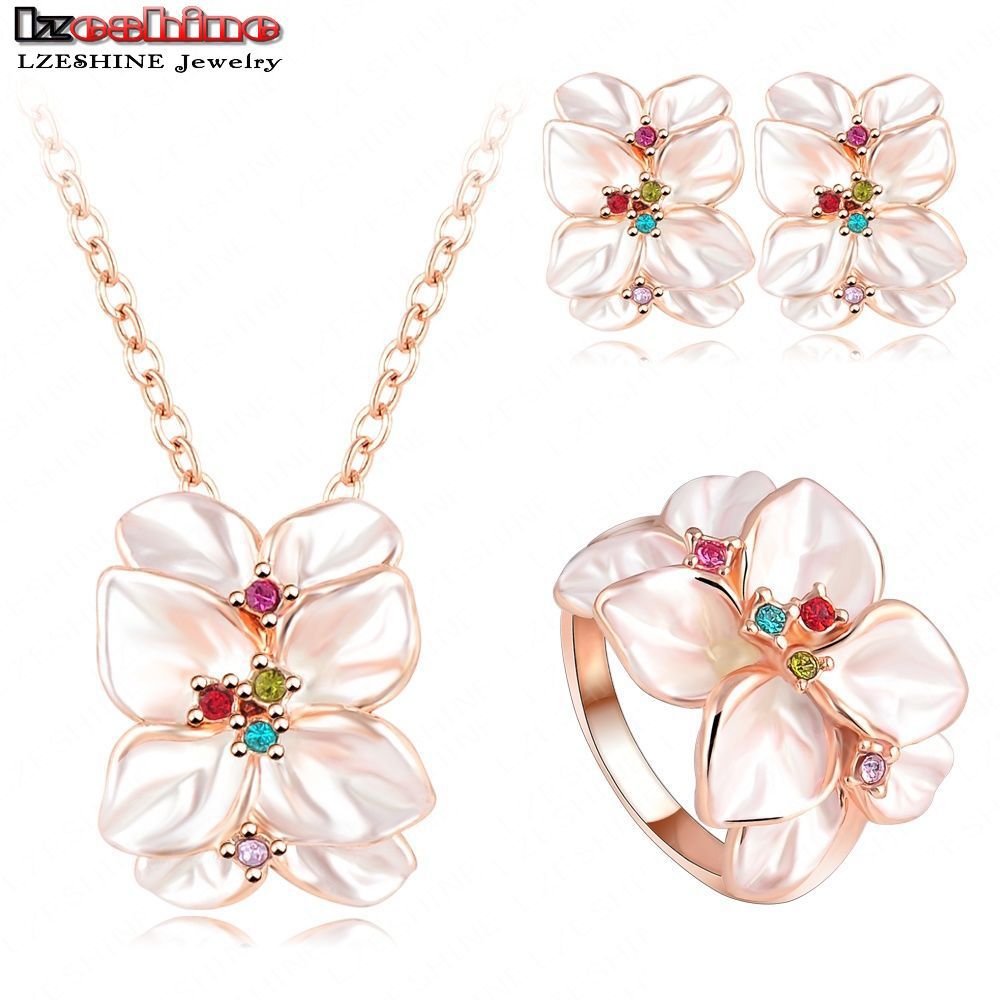 Image of 2016 Best Seller Jewelry Set Rose Gold Plate Austrian Crystal Enamel Earring/Necklace/Ring Flower Set Choose Size of Ring ST0002