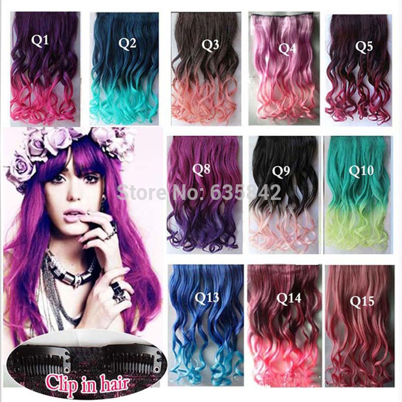 Synthetic Hair Clip In Hair Extensions Curly Wavy 24 60cm 110gram Rainbow 14 Colors Mix Color Hairpi