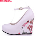 MORAZORA High quality summer wedges women pumps buckle strap round toe platform fashion party wedding shoes