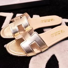 Spring/Summer Vintage H Patent Leather Women Flat Shoes Women Sandals PU Soft Leather Shoes Slippers Shoes Female Flip Flops