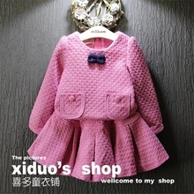 new 2015 autumn winter toddler girl clothing set bow tie long sleeve plaid tops+skirts 2pcs kids clothes girls outfits for2~7age
