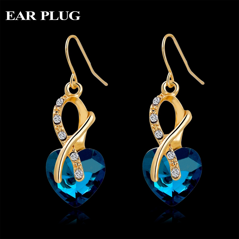 Luxury AAA Cubic Zirconia Earrings Fashion Jewelry Sapphire Gold Austrian Crystal Heart Earrings for