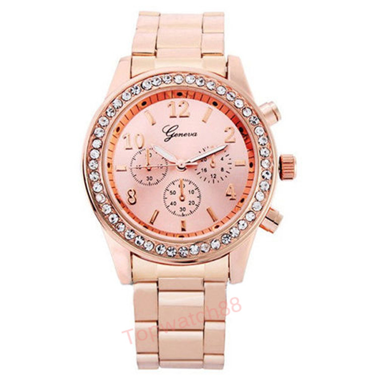 2015 Fashion Watch Geneva Unisex Quartz Watch Women Analog Wristwatches Bling Crystal Clocks Stainless Steel Watch