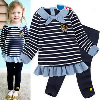 New autumn baby girl suit college wind long sleeve navy blue striped tops + trousers 2pcs set kids girls clothing set 5set/lot