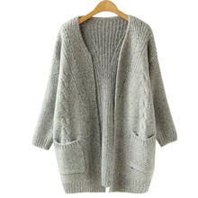 2015 Autumn Korean Version Solid Color Pocket Loose Sweater Female Long Sweater Cardigan Sweater